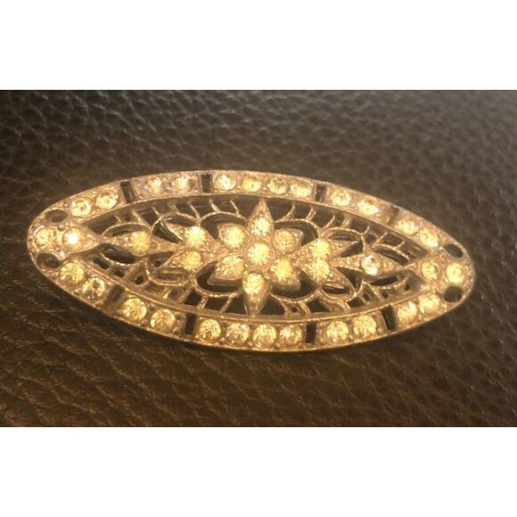 Jeweled Oval Brooch with Crystals Vintage Cutout Filigree - Picture 2 of 3